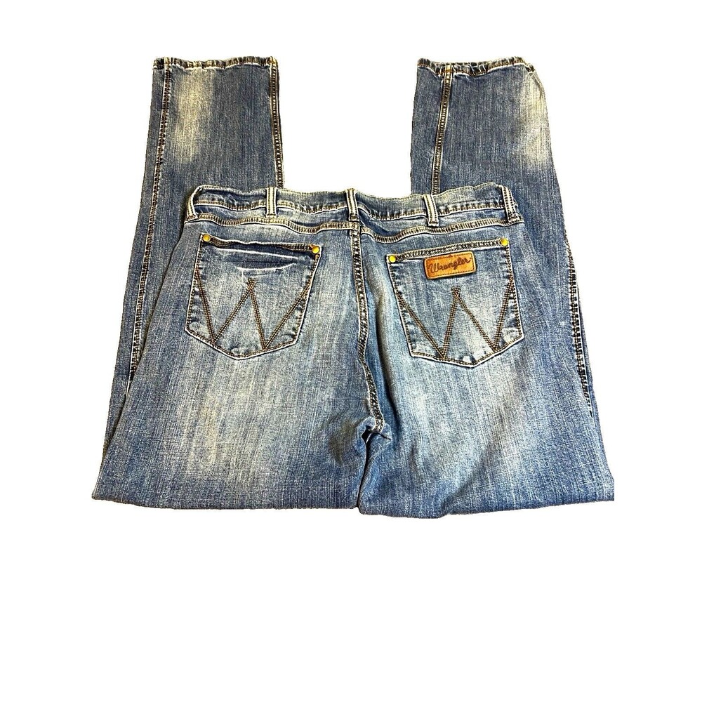 Wrangler Men’s Medium Wash Blue Denim Straight Jeans Slim Stretch 38x36